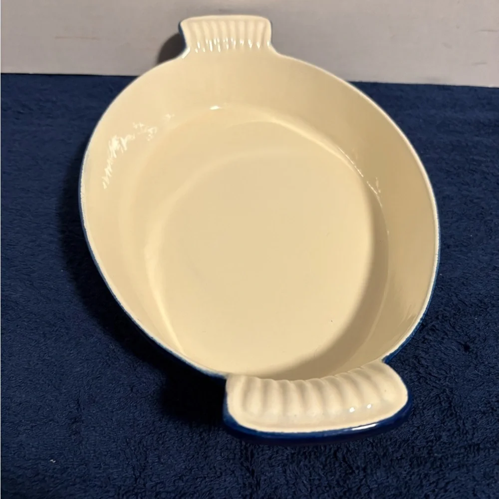 12” Scalloped Handle Cobalt Blue Enamel Cast Iron Oval Baker LQ IQ